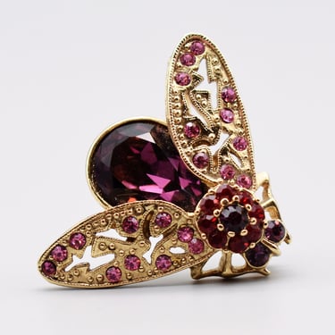 Ornate 60's gold plate rhinestone jelly belly bug brooch, big fuchsia red & purple crystal bling fly pin 