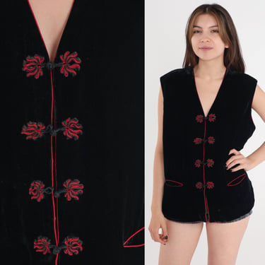 Black Velvet Vest Asian Frog Closure Boho Top 80s Bohemian Shirt Button Up Top Vintage Retro Sleeveless 1980s Large L 