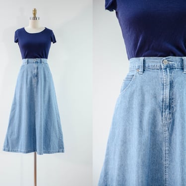 long jean skirt | 90s y2k vintage GAP faded fit and flare denim midi skirt 