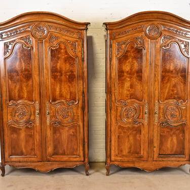 Henredon French Provincial Louis Xv Burled Walnut Armoire Dressers, Pair