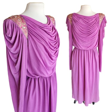 Vintage 80s Purple Evening Dress Grecian Drape Torso Beaded Shoulders Jonathan Hitchcock 