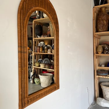 Vintage Organic Woven Wicker Arched Wall Mirror 