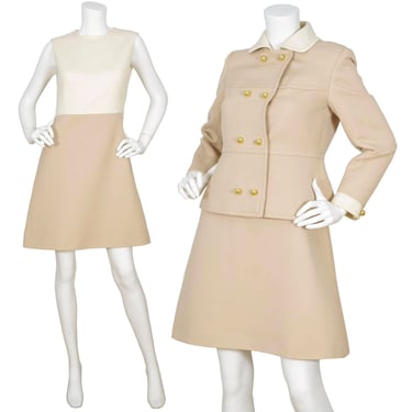 Philippe Venet 1960s Vintage Mod Beige & Cream Mini Dress Set Sz M 
