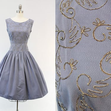 1940s rhinestone dress | metallic embroidery princess seaming | small 