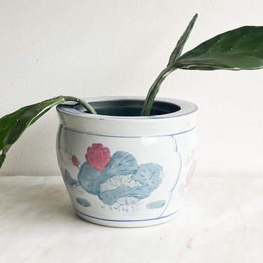 Vintage Asian 9” Planter Pot Blue White Green Pink Birds Floral Small Indoor Porcelain Planter Different Sizes Available Chinoiserie Decor 
