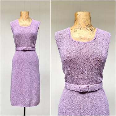 Vintage 1960s Hand Knit Dress, 60s Lilac Boucle Sleeveless Sheath, Viva Las Vegas Bombshell, Small 34