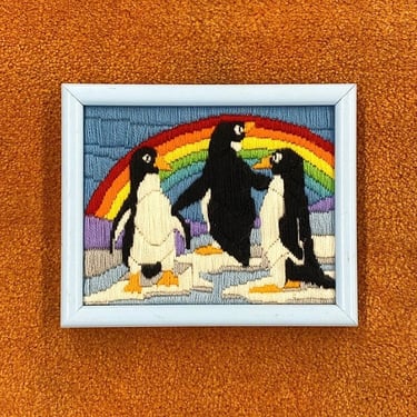 Vintage Penguin Crewel 1980s Retro Size 9x11 Rainbow + Kids Room or Nursery + Fiber Wall Art + Homemade + Colorful + Animals + Embroidery 