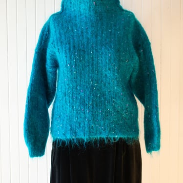 Vintage 1980s Teal Mohair Funnel Neck Sweater Medium