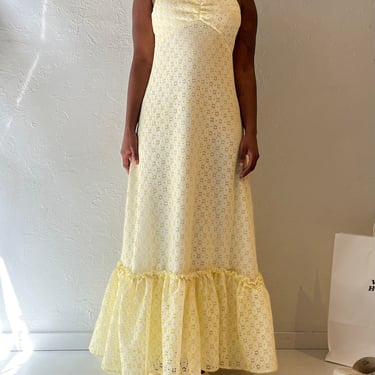 Vintage Handmade Yellow Eyelet Maxi Dress / Medium 