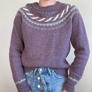 Vintage 80s Womens Sierra Woolens Purple Fair Isle 100% Wool Norwegian Sweater 