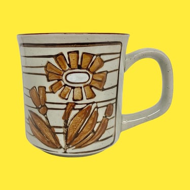 Vintage Otagiri Coffee Mug Retro 1970s Mid Century Modern + Ceramic + Beige and Brown + Daisy + Floral Kitchen + Drinking + Made in Japan 