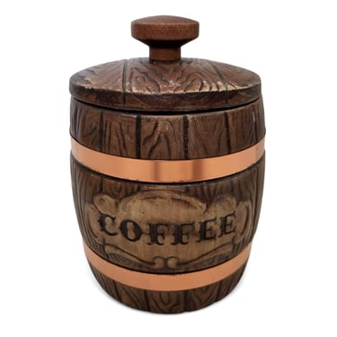 Vintage Coffee Ceramic Barrel Canister & Lid, Treasure Craft USA, Copper Band Ceramic Round Counter Storage, Faux Wood Carved Kitchen Jar 