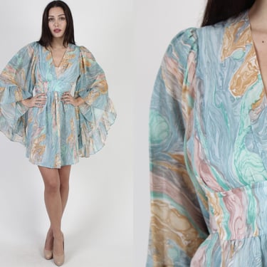 Kimono Sleeve Wrap Dress / Vintage Abstract Watercolor Print Dress / Short Bohemian Wing Sleeve Short Dress Size Small S M 