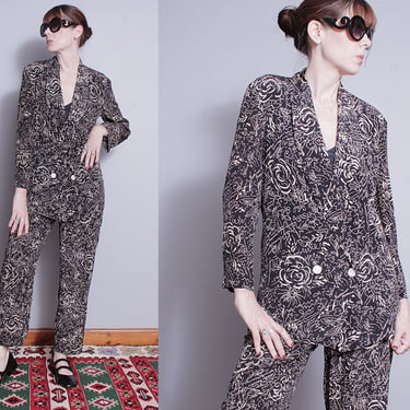 Vintage 1980's | JAEGER | Black | Abstract Floral | Silk Blend | 2 Piece | Jacket & Pants | Suit | S 