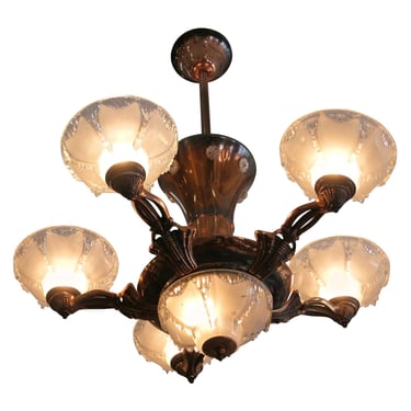 French Copper Art Deco Chandelier w/ Frosted Glass Shades by Ezan 