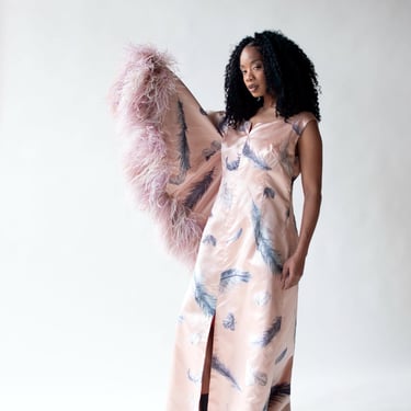 1960s Flocked Feather Gown w/ Feather Trim 