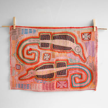 Vintage Mola Applique Textile with Two Lizards Handmade by the Kuna People in Panama 