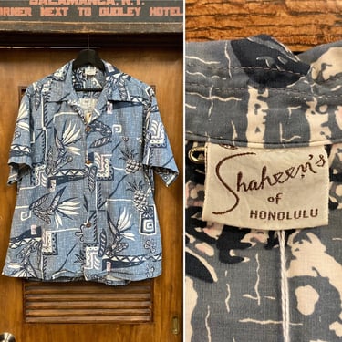 Vintage 1950’s Size XL “Shaheen’s” Atomic  Pineapple Cotton Hawaiian Shirt, 50’s Loop Collar Shirt, 50’s Tiki, Vintage Clothing 