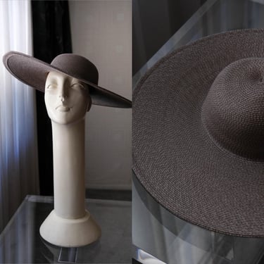 Vintage 80s Lilac Wide Brim Sun Hat | 1980s Runway Haute Couture Designer Hollywood Noir Hat | Millinery Woven Fashion Hat 