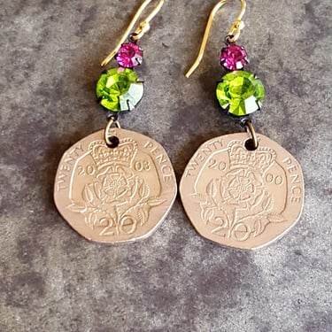 Handmade Coin Earrings~Coin Jewelry~Boho Earrings~20 Pence Coins Queen Elizabeth II~Green & Ruby Glass~Statement Earrings JewelsandMetals. 