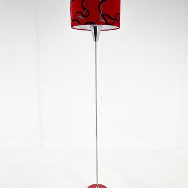 Mid-century Chrome Floor Lamp, Restored, Czechoslovakia / Vintage Floor Lamp / Red & Black Lamp Shade 