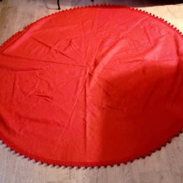 60 inch round Vintage Red Felt with Pom Poms tablecloth 