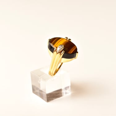 Vintage 14K Gold Diamond Tiger's Eye Ring, Banded Brown Gemstones, 2-Diamond Accent, Yellow Gold Band, Hallmarked J14K, Size 7 1/2 US 