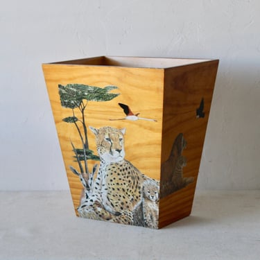 Vintage Decoupage Basket Cheetah Buffalo Elephant Lions Details 