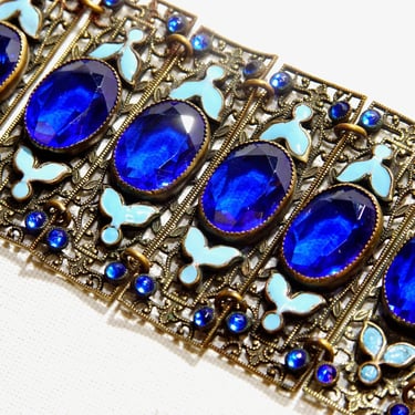 Victorian Czech Enamel Filigree Blue Glass Closed Cuff Bracelet, Blue Rhinestone Accents, Floral Details, Wide Panel Cuff, 7 3/4&amp;quot; L 