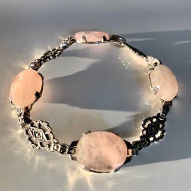 1920's Sterling Silver Bracelet with Marcasites and Rose Quartz Cabochons - 7 Inches Long 