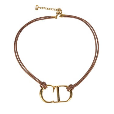 Christian Dior Vintage AW 2000 by John Galliano Golden CD Logo Brown Leather Necklace