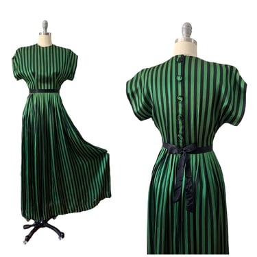 40s Green & Black Stripe Gown / 1940s Vintage Floor Length Maxi Dress / Small / Size 4 