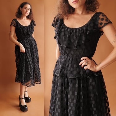 Vintage 80s Polka Dot Lace Tiered Party Dress/ 1980s Adele Simpson Ruffle Net Gown/ Size Small 