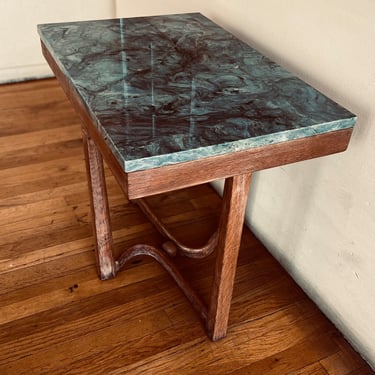Art Deco Tiger Oak Cocktail End Table with Marble Top