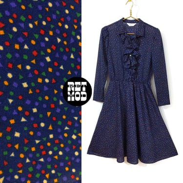 Sweet Vintage 70s Navy Blue with Colorful Geometric Shapes Fit & Flare Dress with Ruffle Collar 