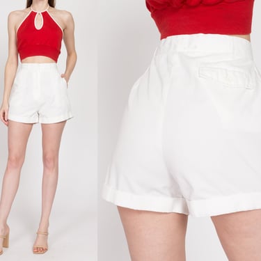 Small 80s White High Waisted Shorts 26.5" | Vintage Cuffed Cotton Blend Summer Shorts 