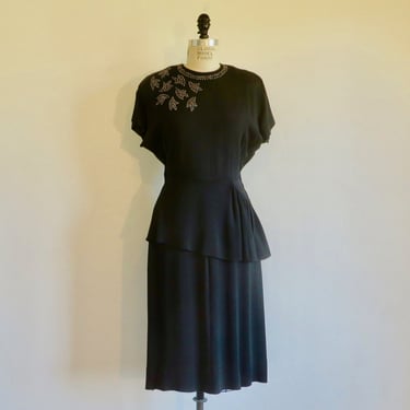 1940's Black Crepe Metal Studded Dress with Peplum Formal Evening Cocktail Rockabilly WW2 Era 30" Waist Size Medium 