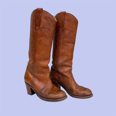 Vintage Stacked Heel Boots 1970s Size 8.5 + Womens + Western + Cowboy  + Leather + Reddish Brown + Tall + Riding or Campus Boots + Bohemian 