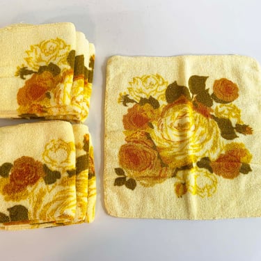 Vintage Cotton Bathroom Washcloths Towels Cannon Monticello Towel Washcloth 1960s Brown Orange Yellow Mid-Century Retro Floral Terrycloth 