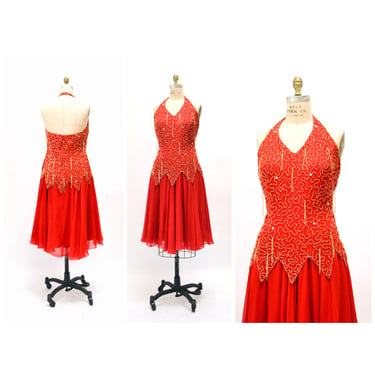 Stunning 80s 90s Vintage Red Beaded Dress Medium Large// 80s 90s Red Beaded Fringe Pageant Dress Halter Neck Showgirl Red Silk Chiffon Dress 