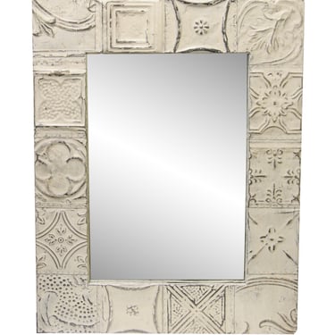 Custom Handmade White Antique Tin Patch Wall Mirror