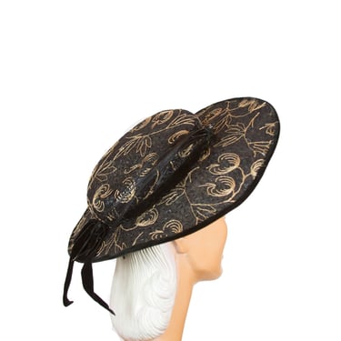1950s Hat ~ Gold Embroidered Tulle Cellophane Straw Wide Brim Hat 
