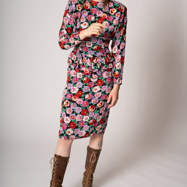1980’s Maggie London Silk Floral Peplum Dress