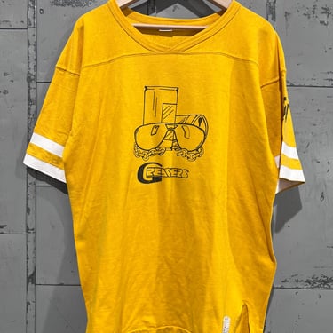 L 70s football Jersey T-Shirt Vintage 1970s Worn-In greasers Athletic Tee flock print Yellow Greasers rockabilly Athletic 