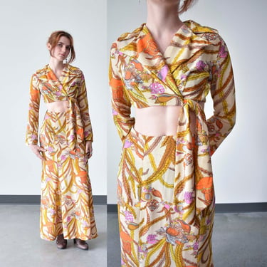1970s 2pc Shell Print Outfit / Vintage Polyester Wrap Top with Fitted Skirt / Wild Vintage 1970s Outfit / Yellow 2pc Vintage 70s Boho Outfit 