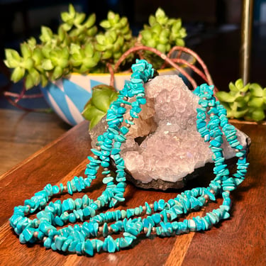 Vintage Handmade Turquoise Nugget Chip Necklace Triple Strand Retro Choker Gift 