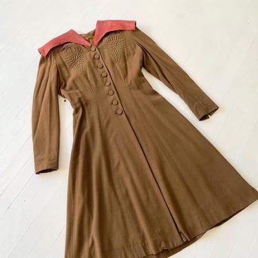 1940s Olive Green Wool Trapunto Coat with Oxblood Leather Collar 