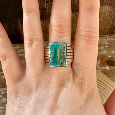 CRATER LAKE Small Square Sterling Silver & Turquoise Ring | Navajo, Native American Southwestern Jewelry | Size 13 