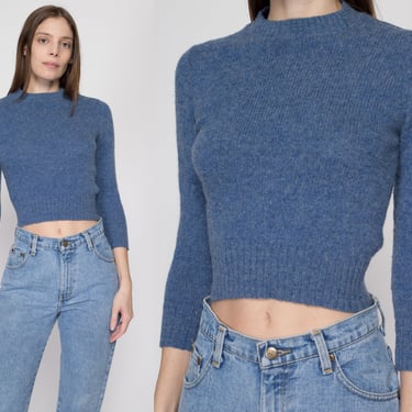 Petite XS 70s Slate Blue Cropped Wool Sweater | Vintage Plain Knit Fitted Pullover Jumper 