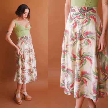 Vintage 40s Pinwheel Cotton Skirt/ 1940s Mid Length Colorful A Line Skirt/ Size 29 
